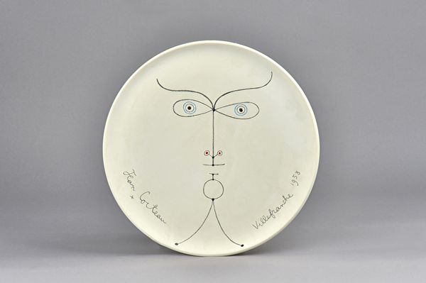 Jean Cocteau, 'La Jaconde', created 1958, Villefranche ceramic plate with crayon and enamel, signed in pencil, limited edition 44/50, 31.5cm diameter.
