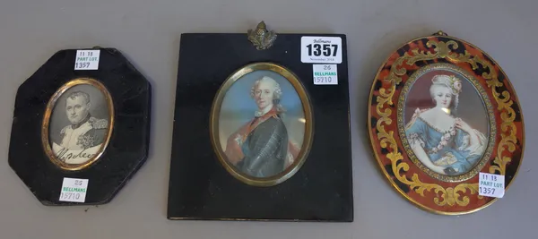 An early 20th century Italian reproduction miniature of Bonnie Prince Charlie, a boulle work oval miniature frame, 13.5cm high and a framed print of N