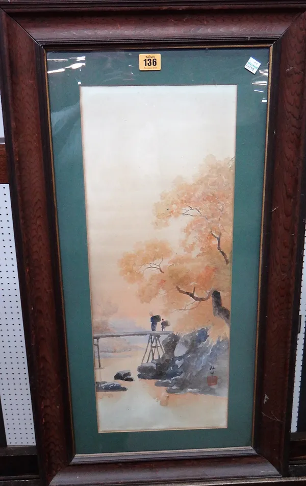 A group of five, including a Japanese watercolour of figures on a bridge, a pair of Chinese watercolours on silk, and a pair of reproduction prints of
