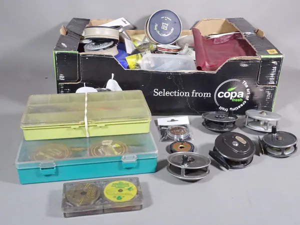 A large box of mixed fishing tackle to include; vintage reels, lures, floats and lines, (qty).   S4M