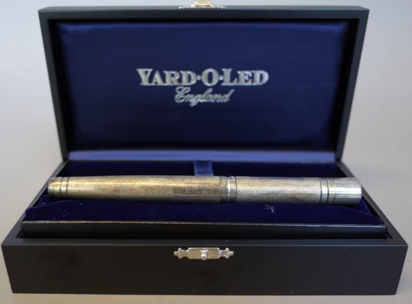 A Yard-O-Led silver cased fountain pen with engine turned case, hallmarked, Birmingham 2001, cased.