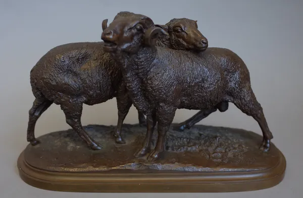 After Isidore Bonheur (French 1827-1901) a reproduction bronze 'Ram & Ewe' group (36.5cm wide), a bronze figure of a grazing cow set on an oak plinth