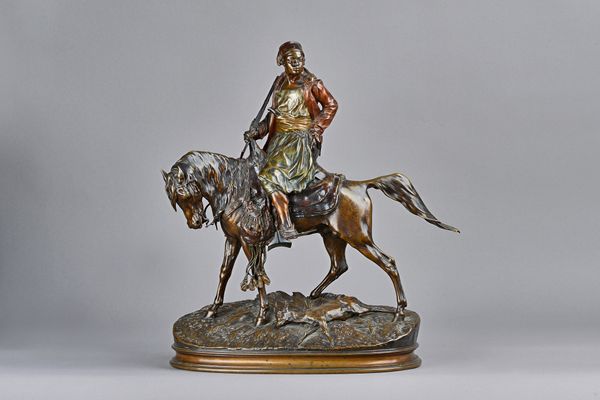 Pierre Jules Mene (French 1810 - 1879), Chasseur African No. 2, a polychrome painted bronze, late 19th century, modelled and cast as an African warrio