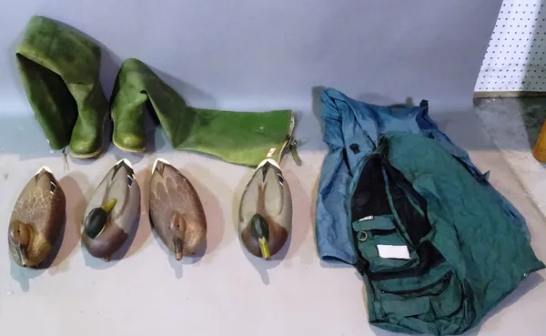 Fishing interest; a pair of Uniroyal Keen Fisher size 9 thigh waders, an XXL Snowbee jacket, a fly vest and four decoy ducks.    CAB
