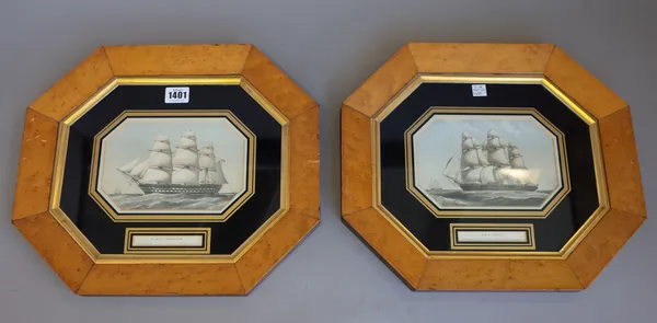 Two Victorian Maritime lithographic prints; H.M.S Trafalgar and H.M.S Volage, published 1872 by Griffin & Co Portsmouth, each housed in a canted recta