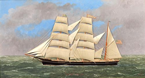 Thomas Willis; 'Eudora of New York', a painted silk ship collage picture, housed in a burr maple frame, signed and dated T.Willis, N.7.1900, with trad