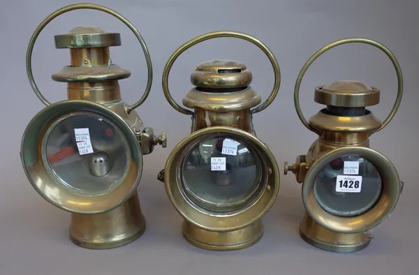 A pair of 3.5 inch H&B brass cased automobile oil lamps, a 4.5 inch H&B brass cased automobile side lamp, a 4.5 inch J&R Oldfield 'Dependence' brass c