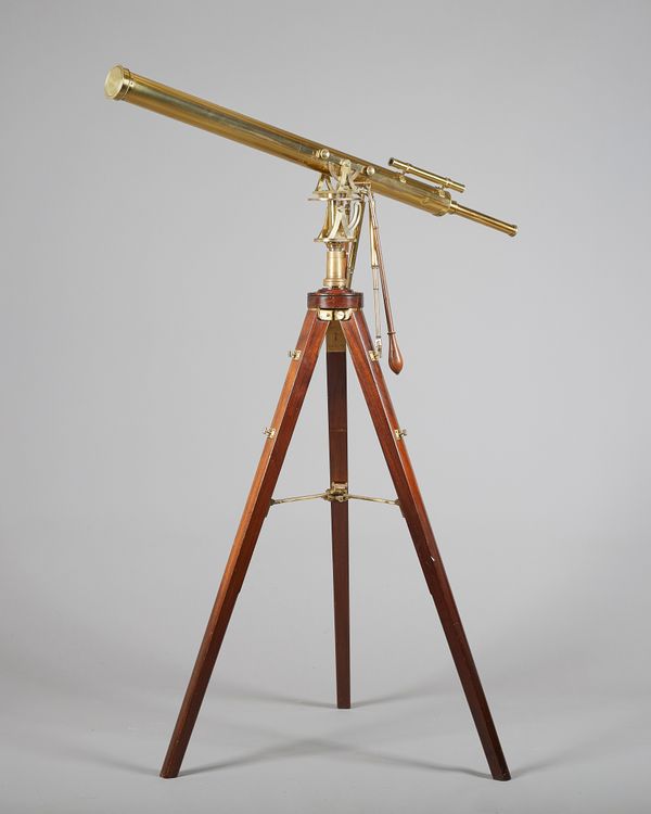 A brass cased 3 inch refracting telescope by Dollond, c.1820, celestial ring mount, stabilizing bar and wooden plane adjusting poles and a separate st