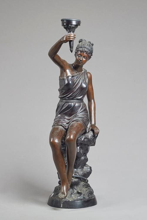 Figural bronze table lamp, modern, modelled and cast as a classical Grecian female holding a torch on a naturalistic base, unsigned 88cm high. Illustr