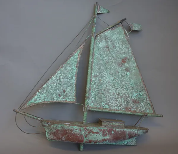 A copper 'boat' weather vane, painted, distressed finish, 52cm high.