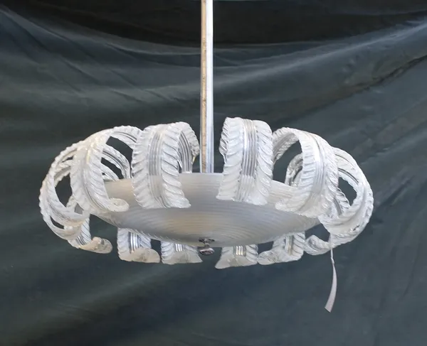 A modern frosted and clear glass ceiling light with central glass rod suspending a circular dish with fourteen moulded leaves around the rim, 85cm hig