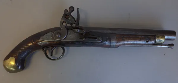 An early 19th century American .70 calibre flintlock pistol, with circular steel barrel, lockplate stamped 'U.S. 1808', with chequered walnut grip, 39