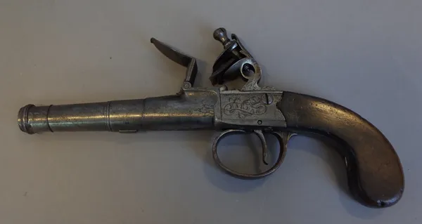 An 18th century flintlock pocket pistol by James Barbar, London, with twist off circular tapering steel barrel, lockplate engraved 'Barbar London' and