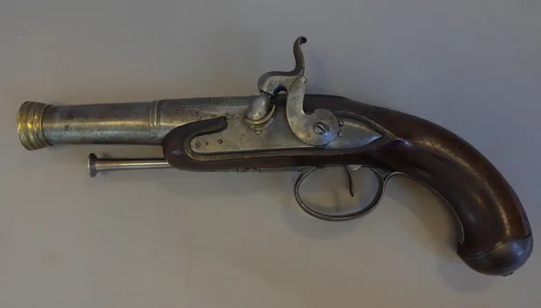 An unusual late 18th century, left handed, French blunderbuss percussion pistol, converted from flintlock, with two stage large bore steel barrel, ste