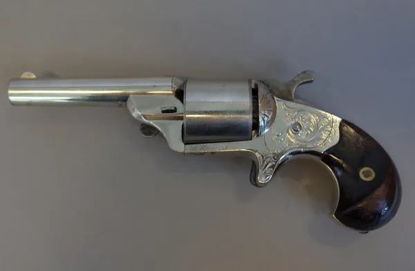 An American Civil War era Moore's patent front loading teat-fire revolver, manufactured by The National Arms Co, obsolete calibre .32, the barrel appr