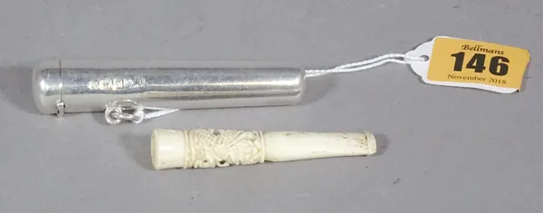 A 19th century cheroot with silver hallmarked case, 8cm long.  CAB