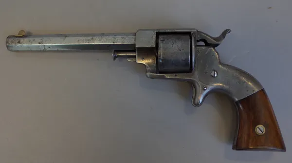 An Allen & Wheelock .32 six shot rim fire revolver, circa 1860, side-hammer, octagonal barrel engraved with maker's details, the cylinder engraved wit