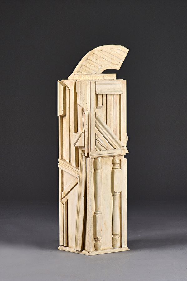Louis Nevelson (American 1899-1988) 'Painted wood Construction', C.1958, initialed L.N. with printed label 'Louise Nevelson (born 1899) (Russian/Ameri