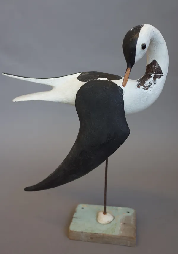 Guy Taplin, (b.1939) Black winged stilt, signed and inscribed 'Black Winged Stilt/ Guy Taplin', (on the under belly) painted wood and shell 38cm high