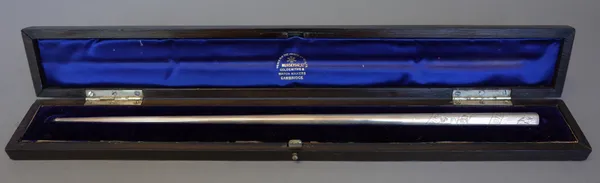 Sporting Memorabilia; Cambridge University champion billiard cue, a miniature silver award hallmarked London 1861, in a velvet lined fitted wooden cas