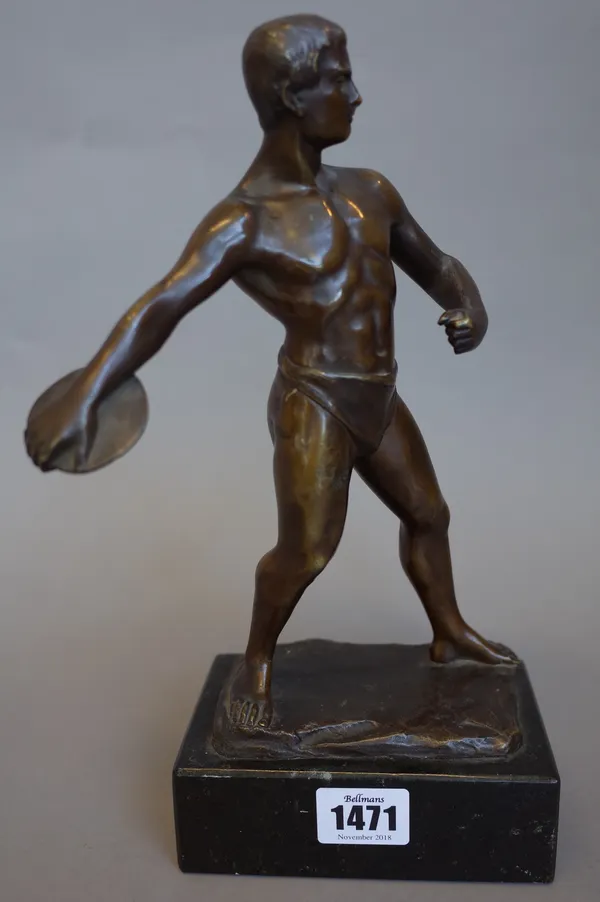 Han Keck (Austrian, 1875-1941) 'bronze discus thrower' cast in a loin cloth, signed 'H Keck' to the cast on a black marble plinth bronze, 23.5cm high.