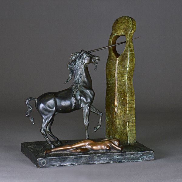 Salvador Dali, (1904-1989) 'Unicorne', signed 'Dali' and stamped 'Jemelton 1984 122/350' bronze with gilt green patina, 57cm high x 48cm wide x 33cm.
