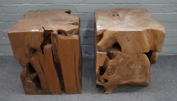 A pair of wooden square form garden seats/tables, each of naturalistic root form, 50cm high.