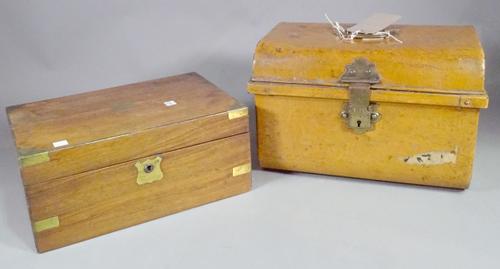 A 19th century metal painted trunk, 35cm wide x 25cm high and a mahogany and brass bound writing slope, 35cm wide x 16cm high, (2).   BAY 1