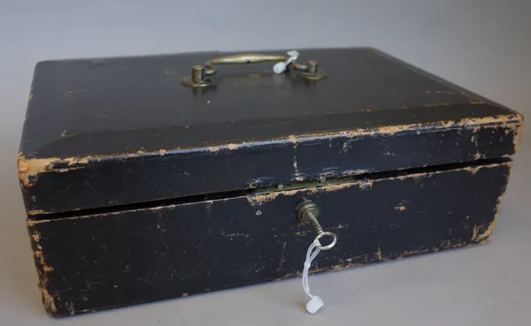 A Victorian black leather civil service despatch box by Wickwar & Co, with a Bramah lock and two keys. 46cm wide x 30.5cm deep x 16cm high.