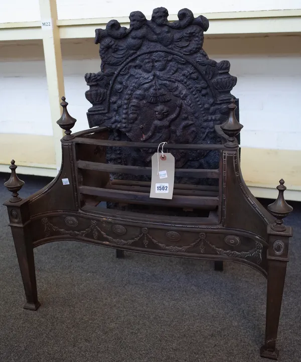A George III style steel firegrate, with earlier relief cast cast iron fireback over a three bar grate (a.f.) 77cm high.