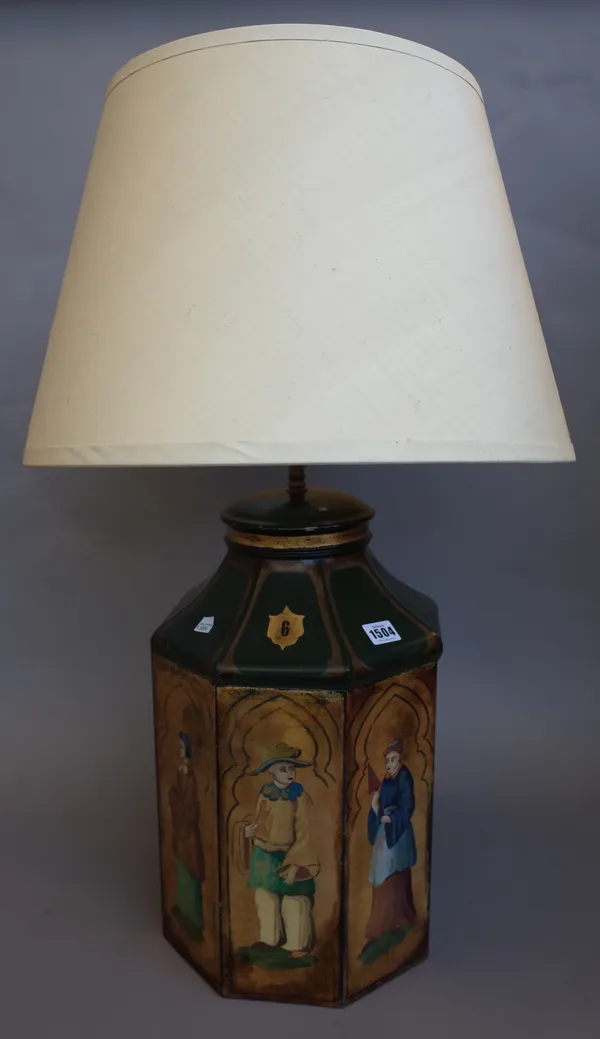 A pair of Regency style canister table lamp bases, modern, each gilt chinoiserie decorated against a green octagonal ground, 45cm high excluding fitme