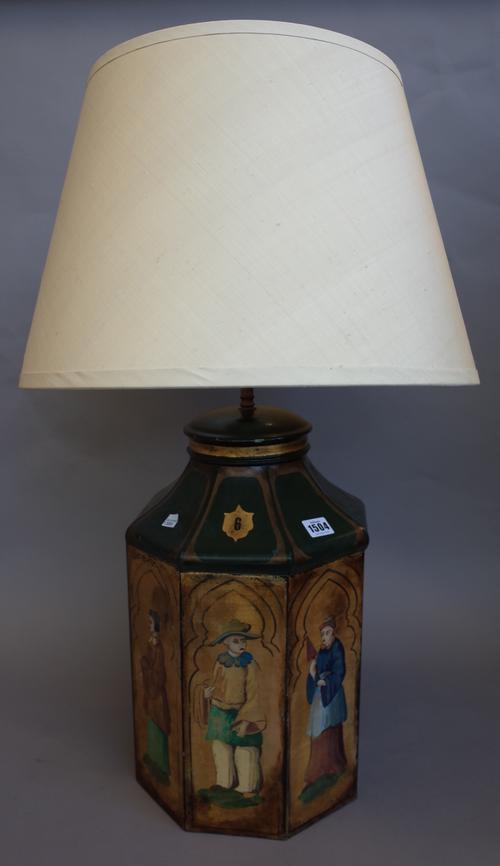 A pair of Regency style canister table lamp bases, modern, each gilt chinoiserie decorated against a green octagonal ground, 45cm high excluding fitme