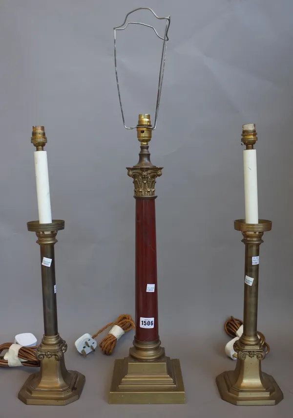 A Victorian serpentine mounted brass table lamp of Corithian column form (50cm high) and two further pairs of modern table lamps. (5)