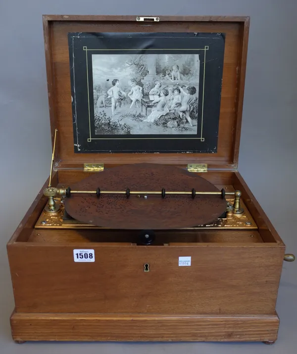 A mahogany cased symphonion , 19th century, (later case) with six 12inch metal discs. Case 44cm wide