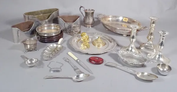 Silver plated wares, including; entree dishes, candlesticks, asparagus tongs, bottle coaster and sundry, (qty).   S4T