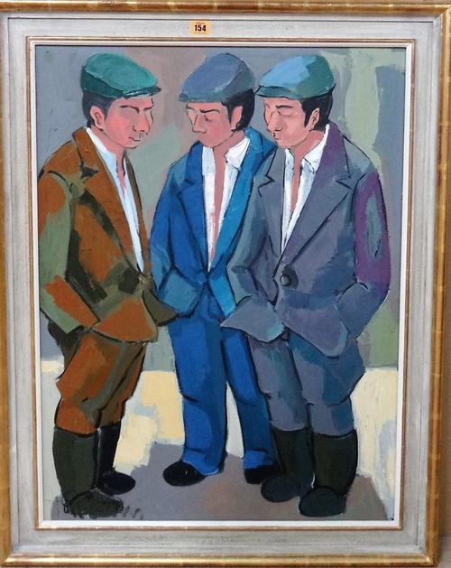 Japanese School (20th century), Field workers; Group of three workmen, two, oil on canvas, indistinctly signed, one 78cm x 58cm.; the other 58cm x 78c