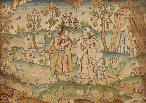 A Charles II needlework panel depicting Abraham casting out Hagar and Ishmael, housed in a burr maple frame, panel 36cm x 26cm. Illustrated.
