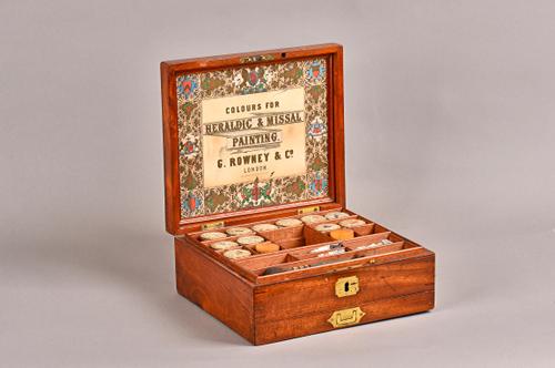 C. Rowney & Co London, Colours for Heraldic & Missal Paintings; a Victorian brass bound mahogany artist's box with lift-top enclosing a fitted interio