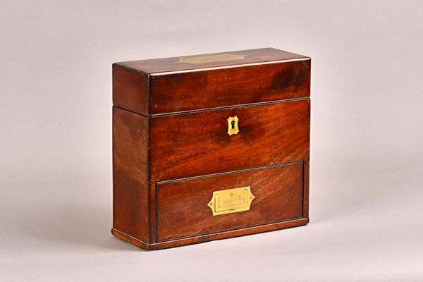 A George III mahogany rectangular apothecary box with hinged lid and lower drawer, fitted with flush brass handles, 25cm wide x 23cm high x 10cm deep.