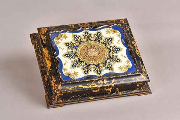 Jennens & Bettridge; Patent Inlaid Gems, a mid-19th century writing box, the 'jewelled' lid revealing a fitted interior within a gilt decorated papier
