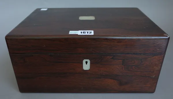 A Victorian mother-of-pearl inlaid rosewood toilet box, with lift-out fitted interior, 28cm wide x 11cm high, x 22cm deep and a similar sewing box, 33