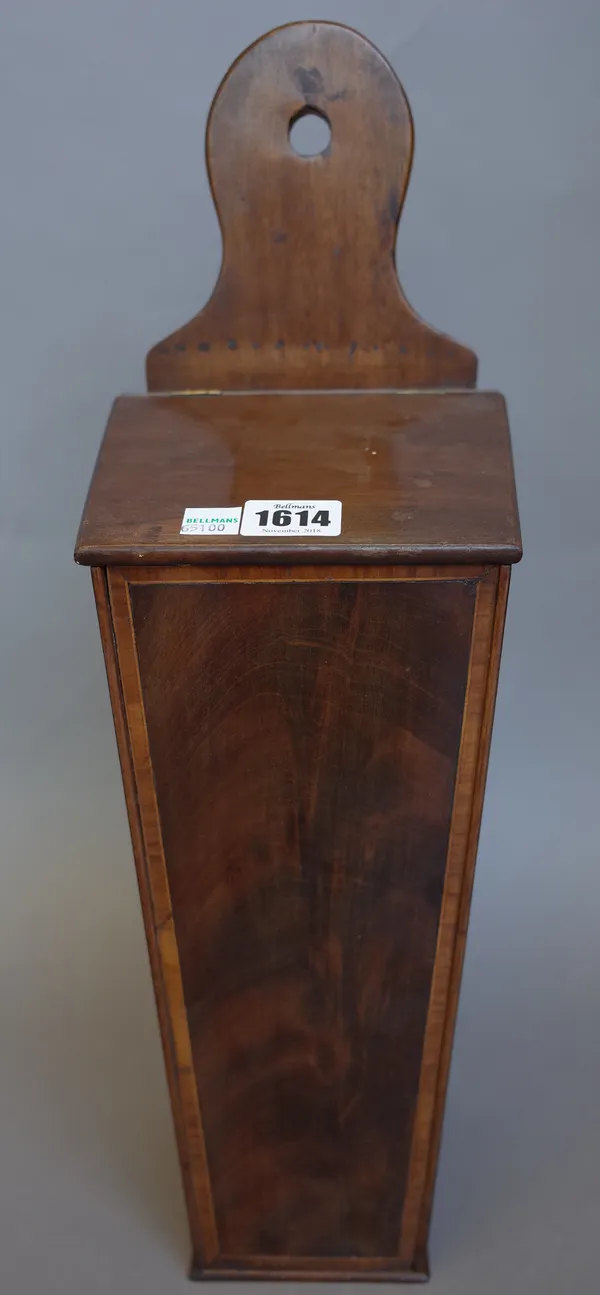 A George III tulip wood banded mahogany hanging candle box of tapering form, 14cm wide x 47cm high and a 19th century oak four division letter rack, 3