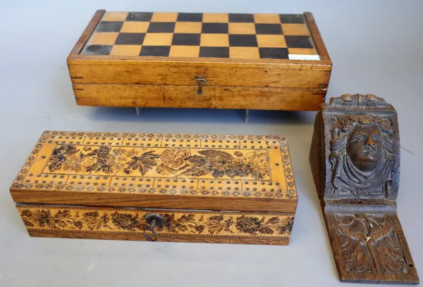 A Victorian rosewood card box with Tunbridge Ware inlaid decoration and crib scorer lid, 26cm wide x 7cm high x 9cm deep, a folding travelling chess b