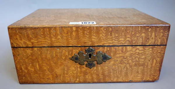 Mechi & Bazin London, a Victorian figured ash sewing box, the fitted interior retaining some of the mother-of-pearl implements, 30cm wide x 14cm high