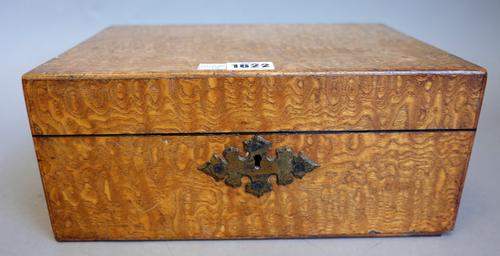 Mechi & Bazin London, a Victorian figured ash sewing box, the fitted interior retaining some of the mother-of-pearl implements, 30cm wide x 14cm high