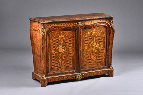 An exhibition quality Victorian floral marquetry gilt metal mounted figured walnut and amboyna side cabinet, the serpentine top over a bombe two door