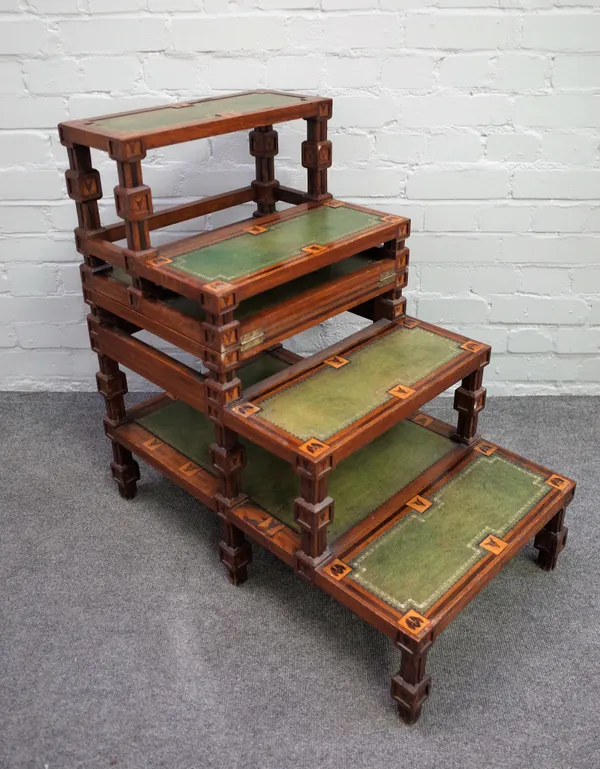 A set of late Victorian oak metamorphic library steps, marquetry inlaid with repeating fox, hound, hunting horn, brush and crop, 76cm wide x 76cm high