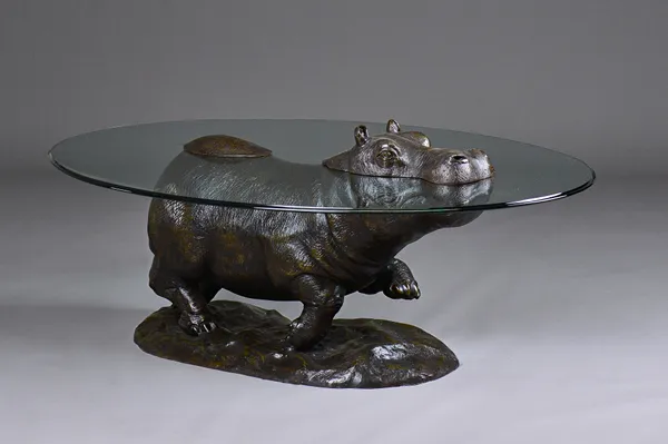 Mark Stoddart; a 20th century bronze and glass hippo coffee table, 'Walk On The Wildside', 137cm long x 91cm wide x 55cm high (with Stoddart certifica