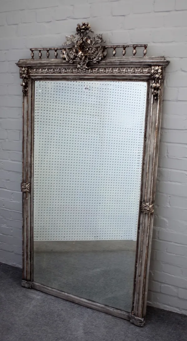 A 19th century French, later silvered wall mirror, with floral moulded crest over bevelled rectangular plate, 102cm wide x 180cm high.