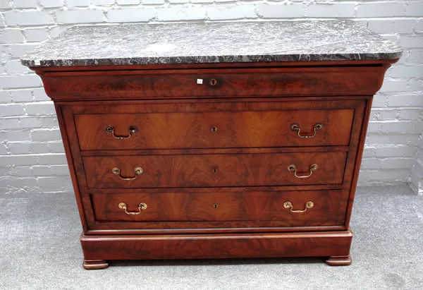 An early 19th century French commode, the marble top over a mahogany five drawer base on square bracket feet, 130cm wide x 98cm high x 60cm deep.